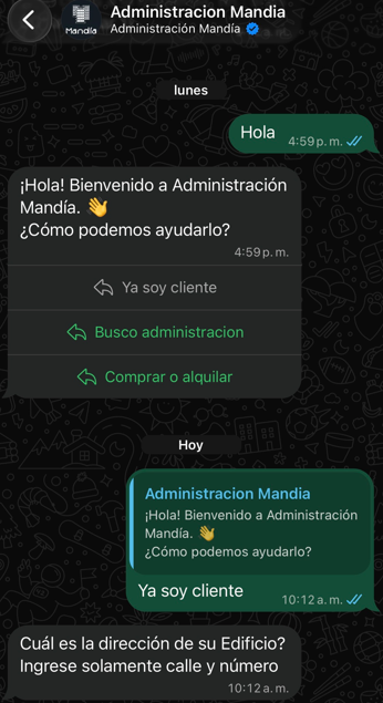 Conversación con el asistente de WhatsApp de Administración Mandía